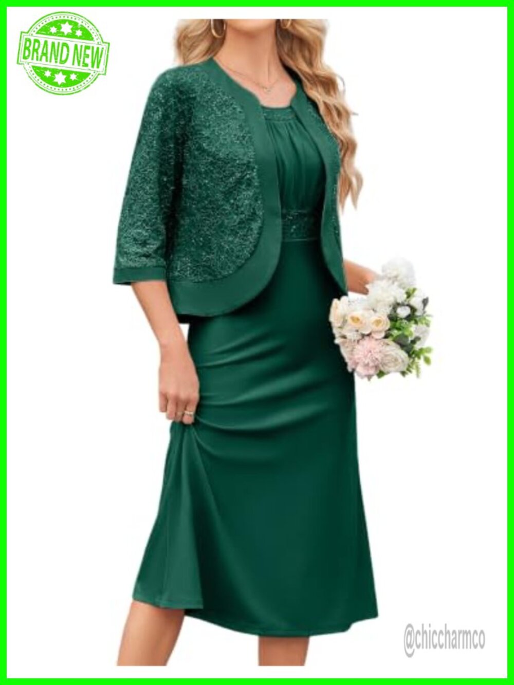 Lace Sequin Two-Piece Formal Wedding Guest Dress with Cardigan